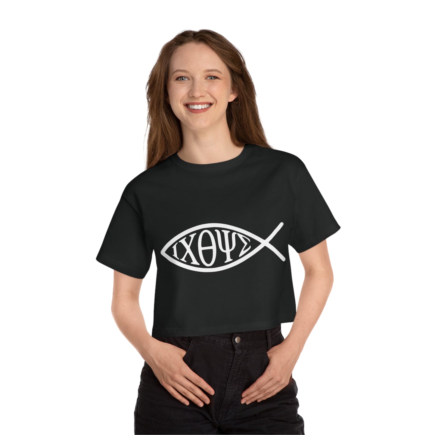 Ichthys: The Original Sign of Faith Under Fire ~ Champion Women's Heritage Cropped T-Shirt